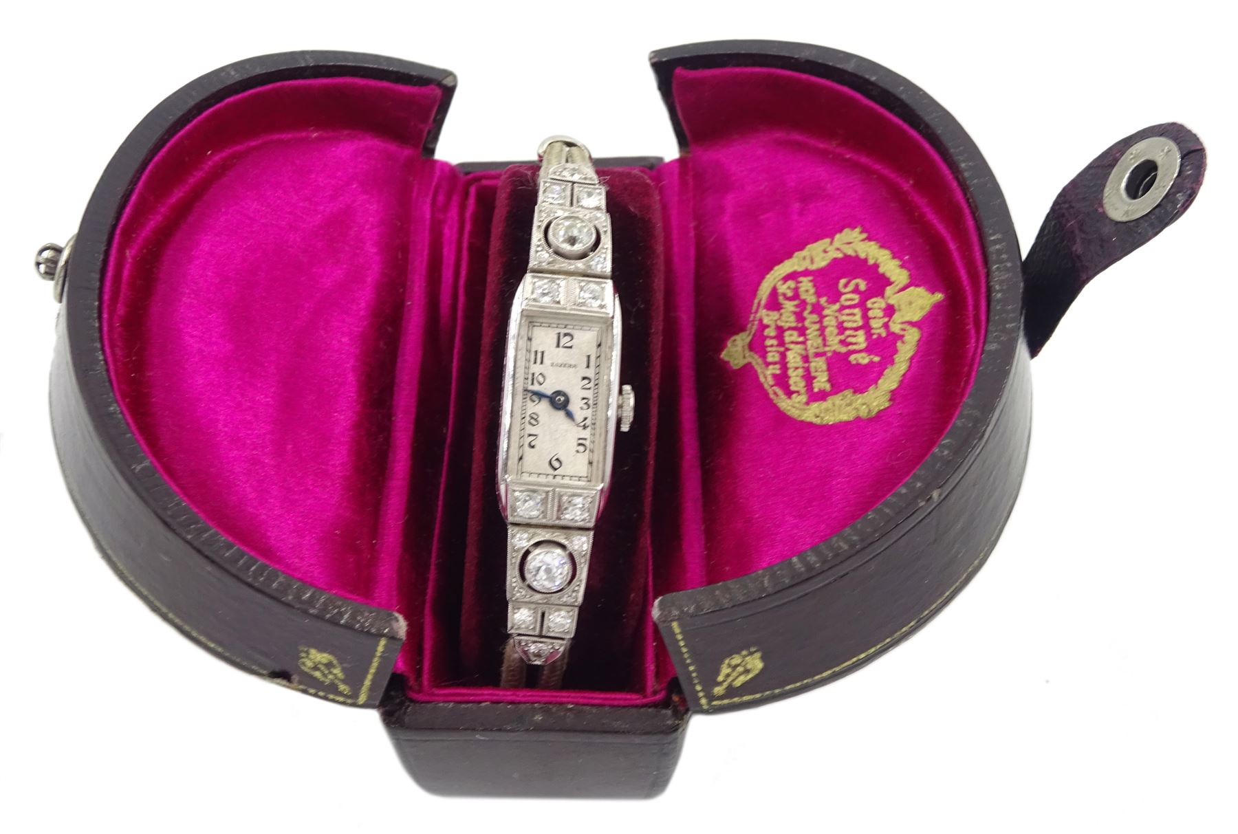 Eszeha Art Deco platinum milgrain set diamond manual wind lever wristwatch, stamped PT 950, No. 91982, the two largest diamonds of approx 0.22 carat each, on rope bracelet with 14ct white gold clasp stamped 585, retailed by Gebr.Somme Nachf Hof-Juweliere Sr. Maj.d Kaisers Breslau in original box (ESZEHA is the German name for Karl Scheufele the great grandfather and founder of Chopard in 1904 in Germany)