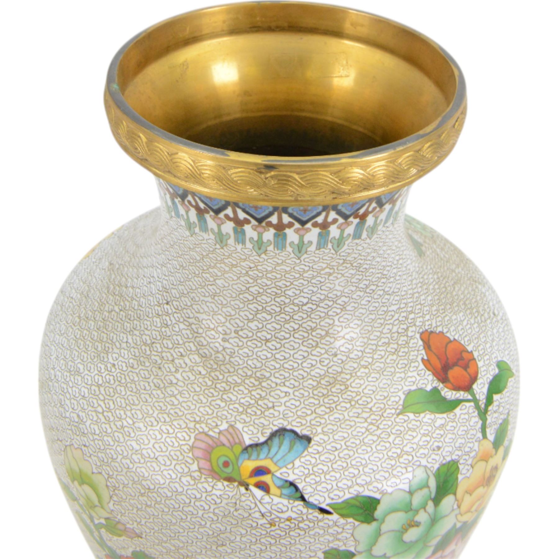 20th century Chinese cloisonné vase, of baluster form, decorated with two peacocks amongst peonies on a white cloud pattern ground, H38cm 