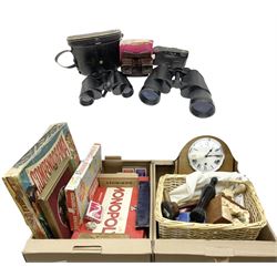 1930's Carrar mantel clock, boxed WMF cake server, carved wood figures, boxed games to include Monopoly etc, Yashica 10x50 field and Excelsior 8x30 binoculars, Bakelite Viewmaster and slides, Canon Sure Shot FX
