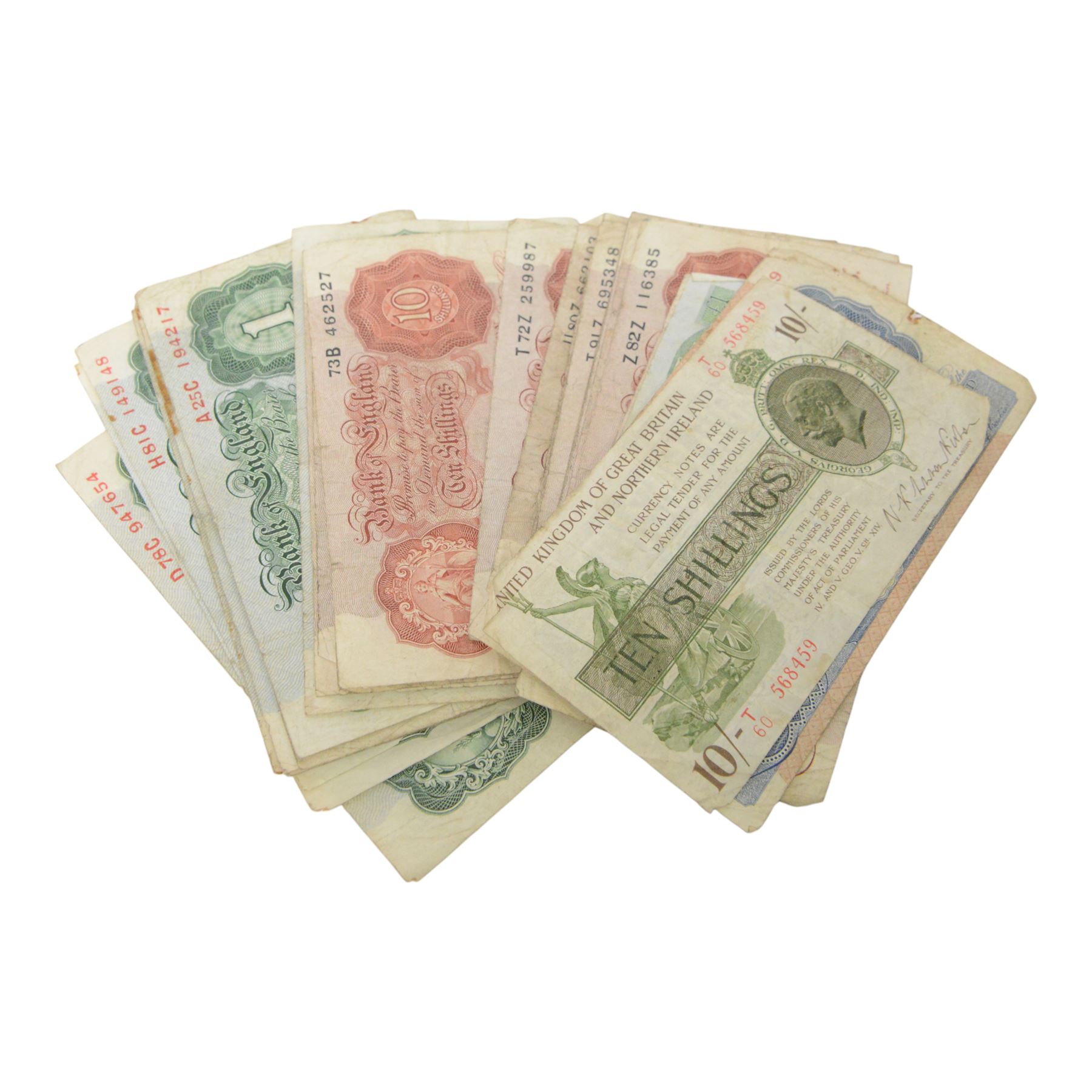 King George V Treasury series Warren Fisher ten shillings note, Bank of England Peppiatt Emergency Issue one pound note, and various one pound and ten shilling notes