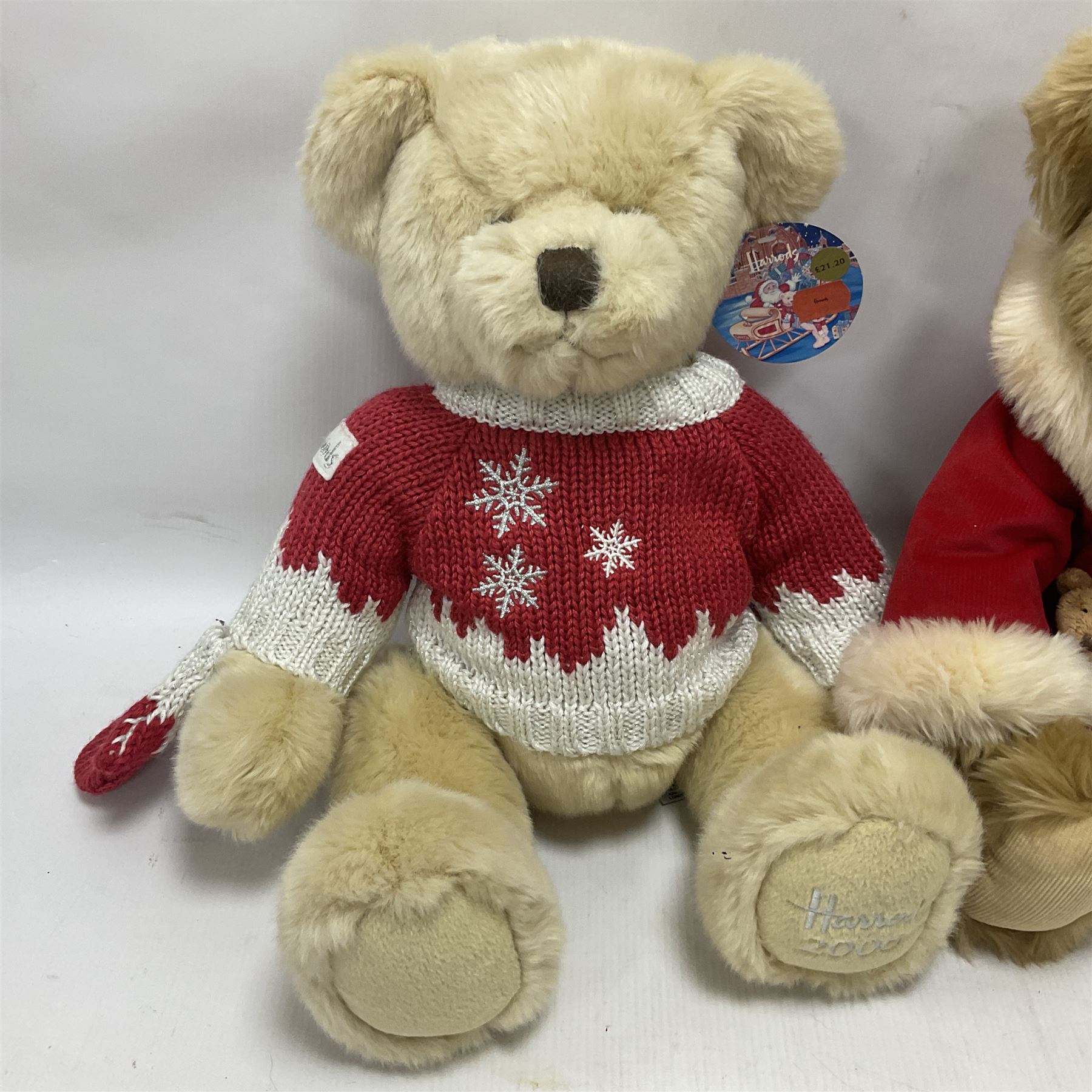 Six Harrods annual teddy bears, dating between 2005 and 2010, including 20th anniversary edition bear, tallest H39cm