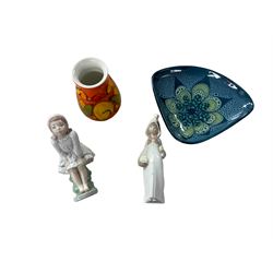 Lladro figure, Nao figure, Poole pottery vase, and studio pottery dish (4)