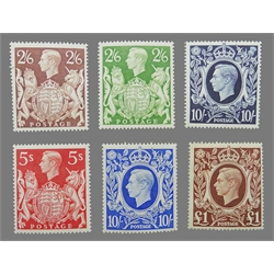  King George VI mint set of six, including 10/- dark blue, S.G. 476/8c  