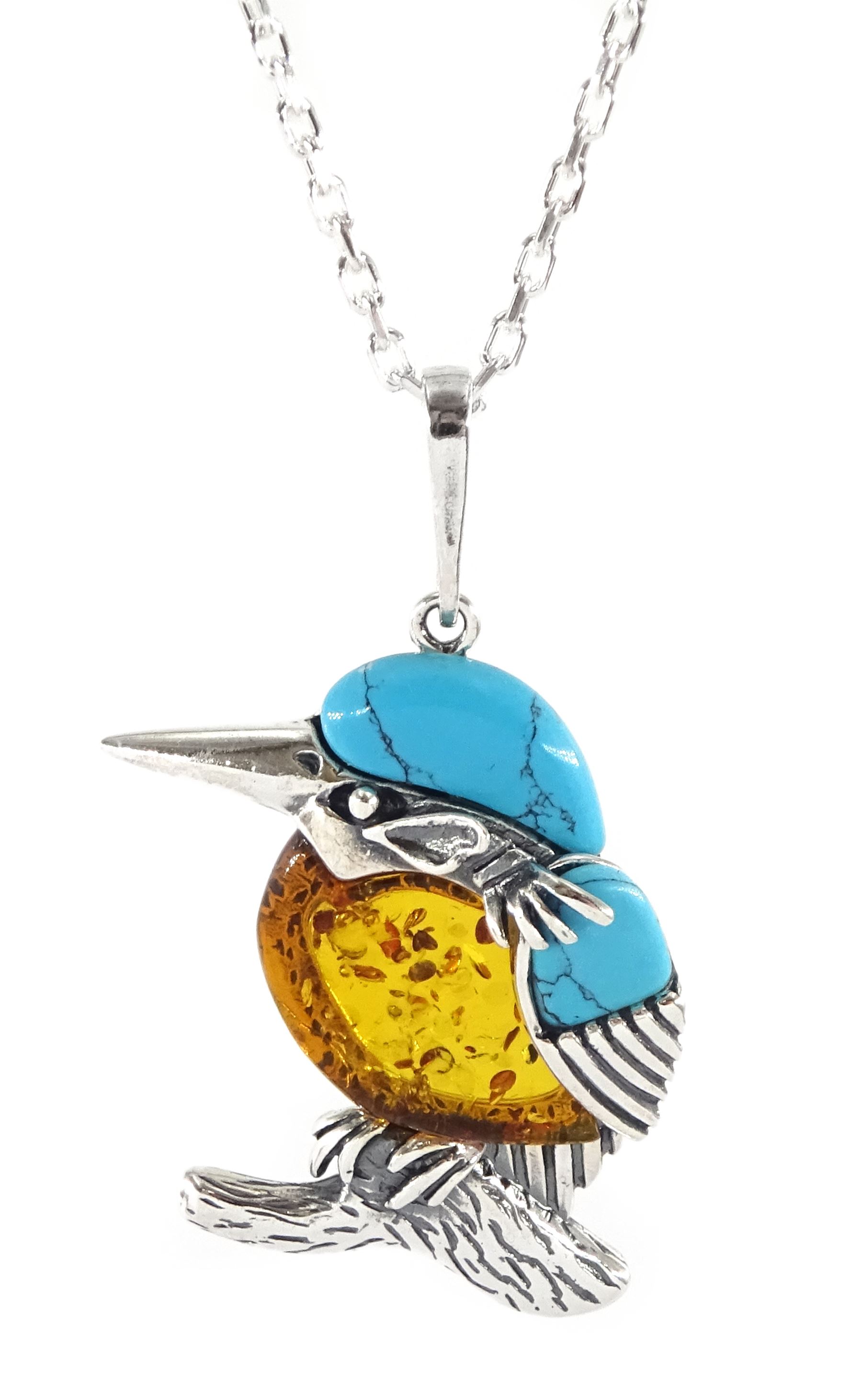 Silver turquoise and amber kingfisher pendant necklace, stamped 925