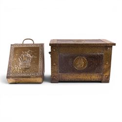 Arts and Crafts brass bound coal box, with sailing ship decoration to the front and lid, t...