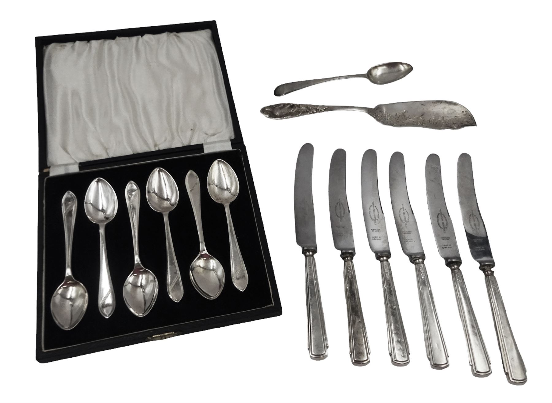 Set of six mid 20th century silver Celtic Point coffee spoons, hallmarked Sheffield 1944, maker's mark SS, in fitted case, together with a set of six silver handled butter knives, hallmarked Viners Ltd, Sheffield 1954, and other silver flatware, etc