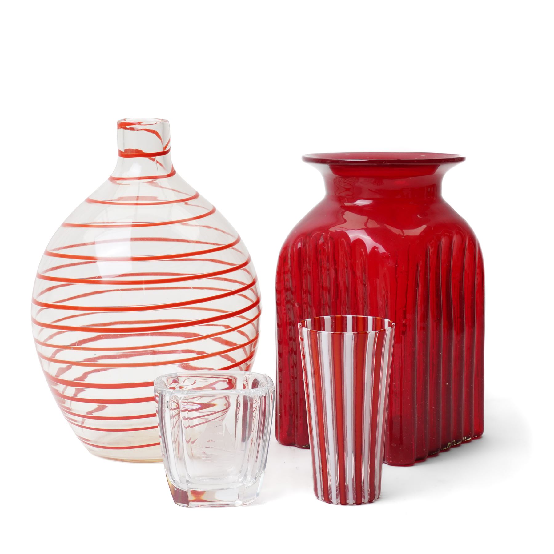 Orrefors glass vase of rectangular design etched with a sailing ship H19cm, Venetian beaker decorated with red and white enamelH15cm and two coloured glass vases