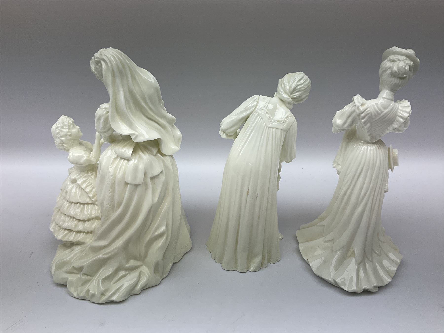 Six Royal Worcester figures, comprising The Wedding Day, New Arrival, The Christening, First Steps, Once Upon a Time and Sweet Dreams, all with printed marks beneath 