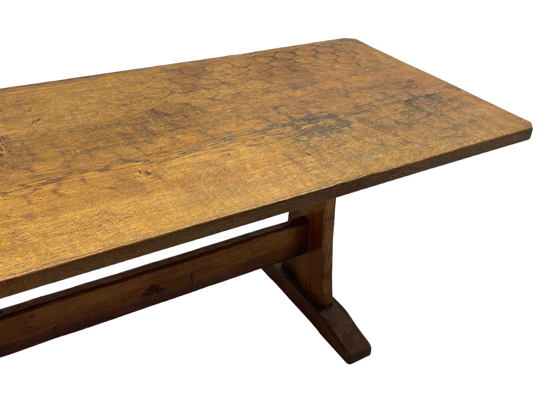 Yorkshire Oak 'Kingpost' - oak dining table, rectangular adzed top on tapered end supports, united by pegged stretchers carved with kingpost signature, on sledge feet, by Robert Ingham, Burton Leonard, Harrogate 