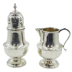 1930's silver strawberry set, with sugar sifter and cream jug, each of part faceted form, the sifter with removable pierced cover, hallmarked William Neale & Son Ltd, Birmingham 1932, within a fitted case with simulated tortoiseshell exterior and silk and plush lined interior, approximate total silver weight 7.49 ozt (233 grams)