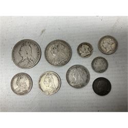Approximately 120 grams of Great British pre 1920 silver coins, including George III 1819 half crown, William IIII 1834 shilling, Queen Victoria 1892 half crown, various silver threepence pieces etc