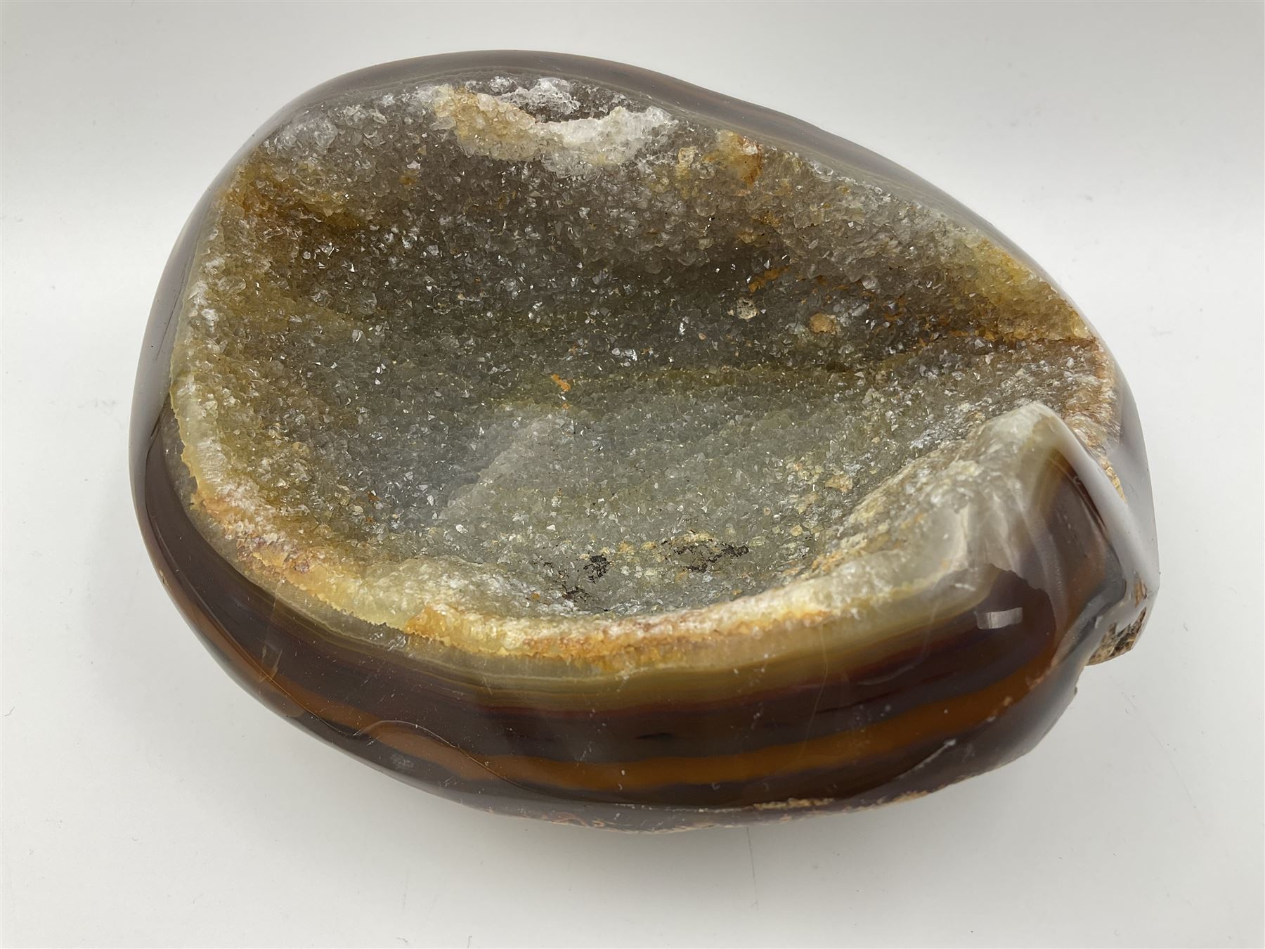 Agate crystal geode cluster, with crystals to the centre, in brown and grey tones, H7cm 