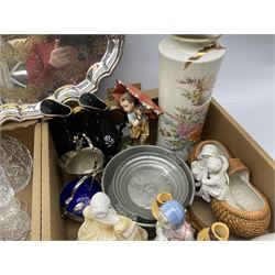 Assorted glassware, to include two decanters and stoppers, drinking glasses of various size and form, vases, etc., together with various ceramics, including an Oriental vase, various figures, etc., and small group of metalware, including a twin handled silver plated tray, in two boxes
