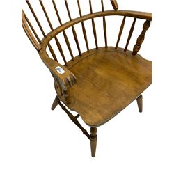 American type beech Windsor armchair, hoop and stick back, turned supports joined by stretchers