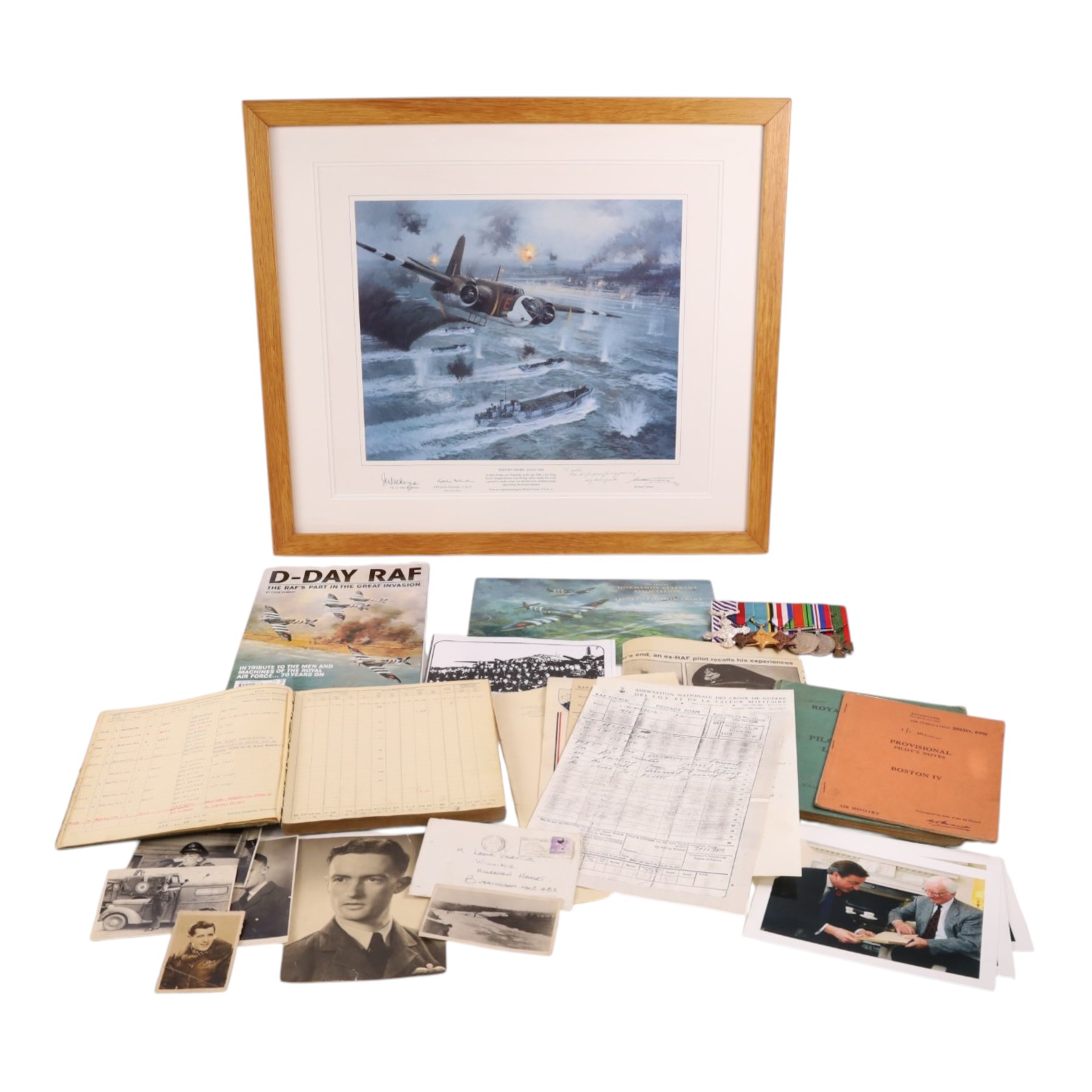 Royal Air Force WWII Distinguished Flying Cross (DFC) medal group with associated documentation, logbooks, ephemera, and personal papers awarded to RAF Flying Officer Leslie Valentine DFC CdeG, pilot of Doulgas Boston E Easy on D Day 1944. The medal group comprises DFC, 1939-1946 Star, The Air Crew Europe Star, France and Germany Star, War Medal, Defence Medal, and Croix de Guerre with siilver star to the ribbon, upon a medal bar. Together with a cased Defence medal, awarded to Valentine by David Cameron at Downing Street November 2012, for his services in the Highland Light Infantry prior to joining the RAF. Together with two logbooks, one including the entry for June 6th ‘Ops “D” Day smoke laying to cover invading troops off Le Havre’, Booklet of provisional pilots notes for Boston IV, associated paperwork for Croix De Guerre, photographs of Flying Officer Leslie Valentine and print by Michael Turner (1934-), Friendly Smoke D-Day 6th June 1944 print, this print is of the R.A.F Douglas Boston that Leslie Valentine was flying on D Day. The print is signed by Leslie Valentine and Flight Lt. John Mackenzie, together with a personal note from the artist.  

In 1939 Leslie Valentine was called up for military service, he joined the Highland Light infantry and spent ten months in France. Upon returning to England, he volunteered to join the RAF. In 1941 he was sent to Medicine Hat in Alberta, Canada, for his training, returning to Britain, for operations training at RAF Bicester, then RAF Finmere, learning to fly Blenheim and Boston bombers. Valentine was posted to squadron no.88 2nd Tactical Air Force, Bomber Command. This squadrons operation were mainly conducted in daylight, in close formation. On D Day 6th June Valentine flew his Boston ‘E-Easy down to 50 feet above the D-Day beaches laying smoke to protect the invasion forces from enemy fire. In total RAF Flying Officer Leslie Valentine DFC CdeG flew sixty back-to-back missions during WWII