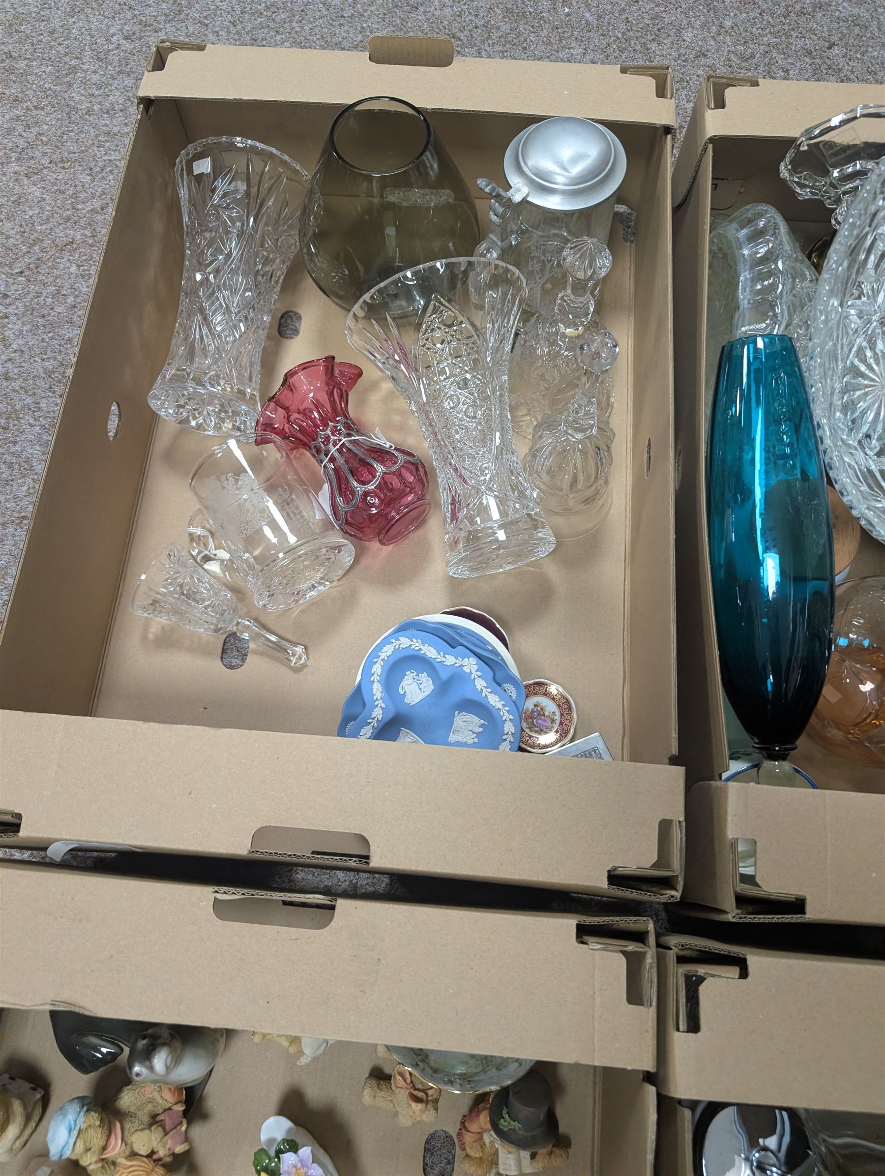 Cherished Teddies, cut and coloured glassware, Wedgwood Jasperware etc, in four boxes