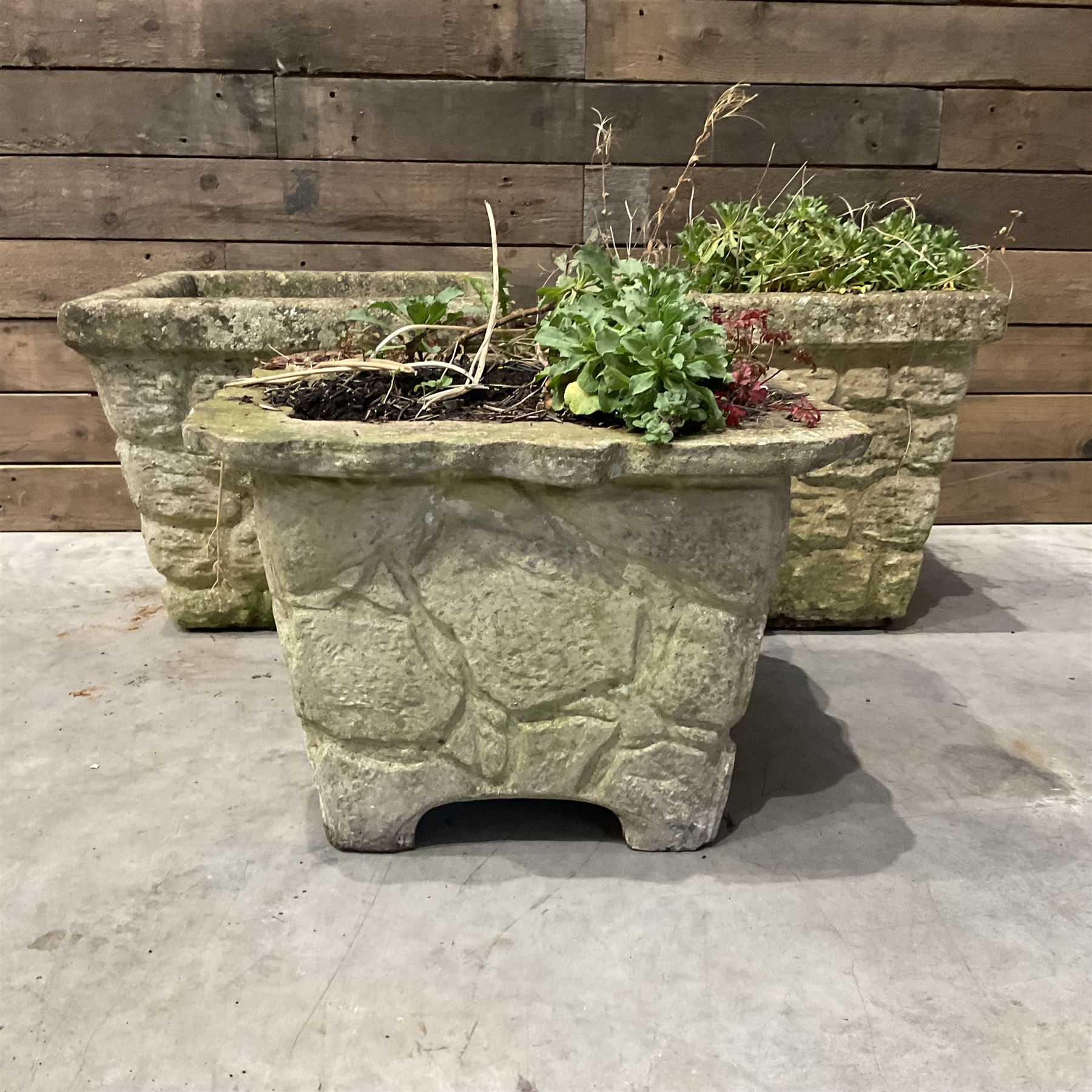Pair of cast stone pattern tapering square planters, and a similar planter (3)