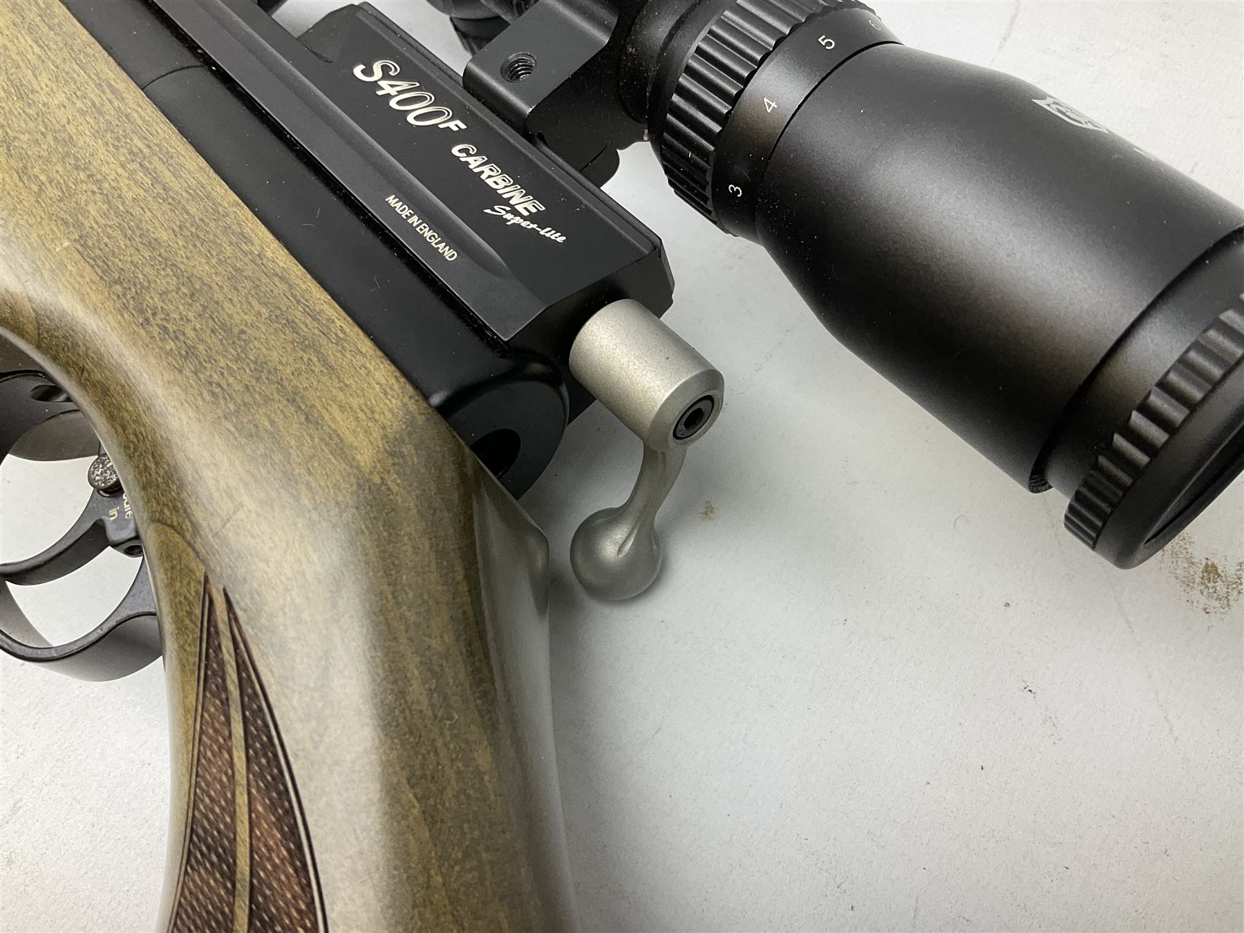 Air Arms S400F Carbine bolt-action .22 multishot air rifle, pump-up action, adjustable trigger, fitted with sound moderator and Nikko Stirling Mountmaster 3-9 x 50 telescopic sight, complete with stirrup type pump, pressure gauge etc, serial no.135456, L106cm; in gun sling