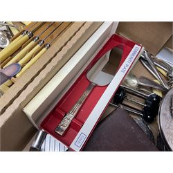 Set of four hallmarked silver teaspoons modelled on spoons from the Roman Imperial period, silver fork, and quantity of silver plated and other cutlery to include Walker & Hall, in two boxes