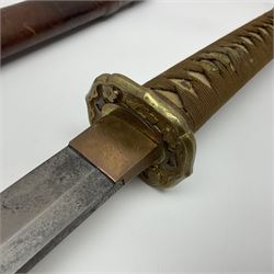 WW2 Japanese Army officer's shin gunto/katana sword with 67cm steel single edged blade, foliate cast brass tsuba, bound fish-skin grip with brass mounts, inscribed and painted marks to tang; in lacquered wooden scabbard with leather combat covering bearing four character marks L99cm overall