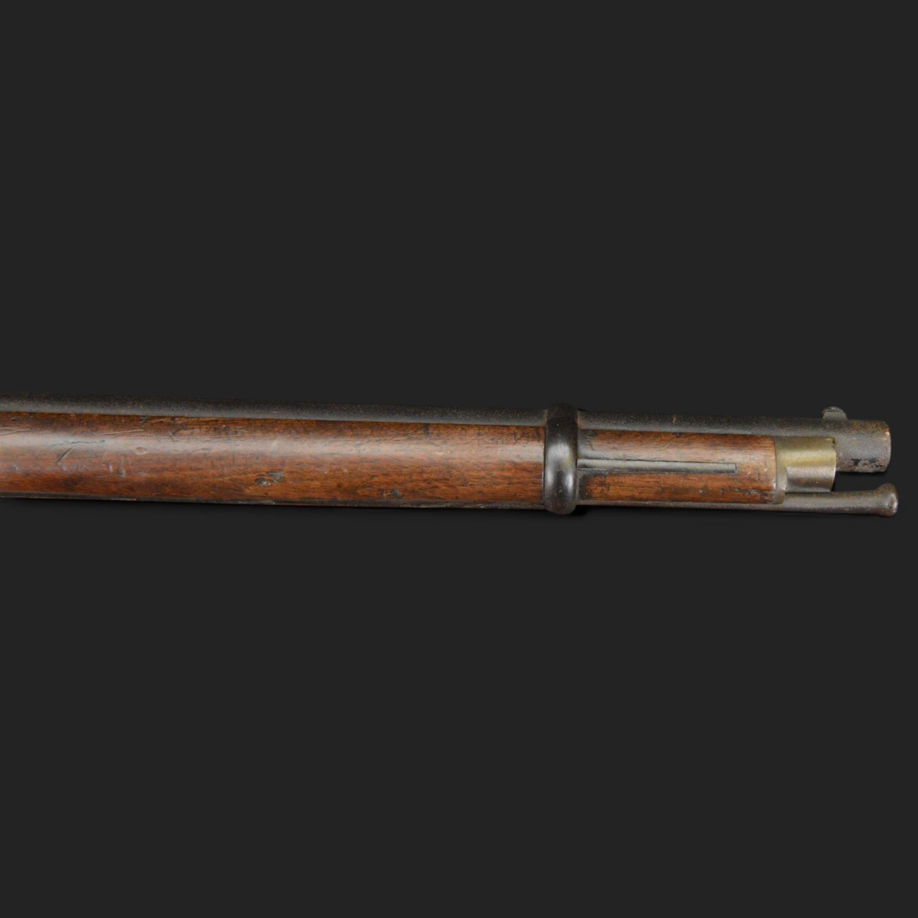 Two-Band short service musket, the L66cm barrel with sold out of service marks and indistinct marks, with ram rod beneath, the lock marked with crowned and Windsor 1855, overall L108cm
Sold as an exempt item under Section 58 (2) of the 1968 Firearms Act, to be held as a curiosity or ornament