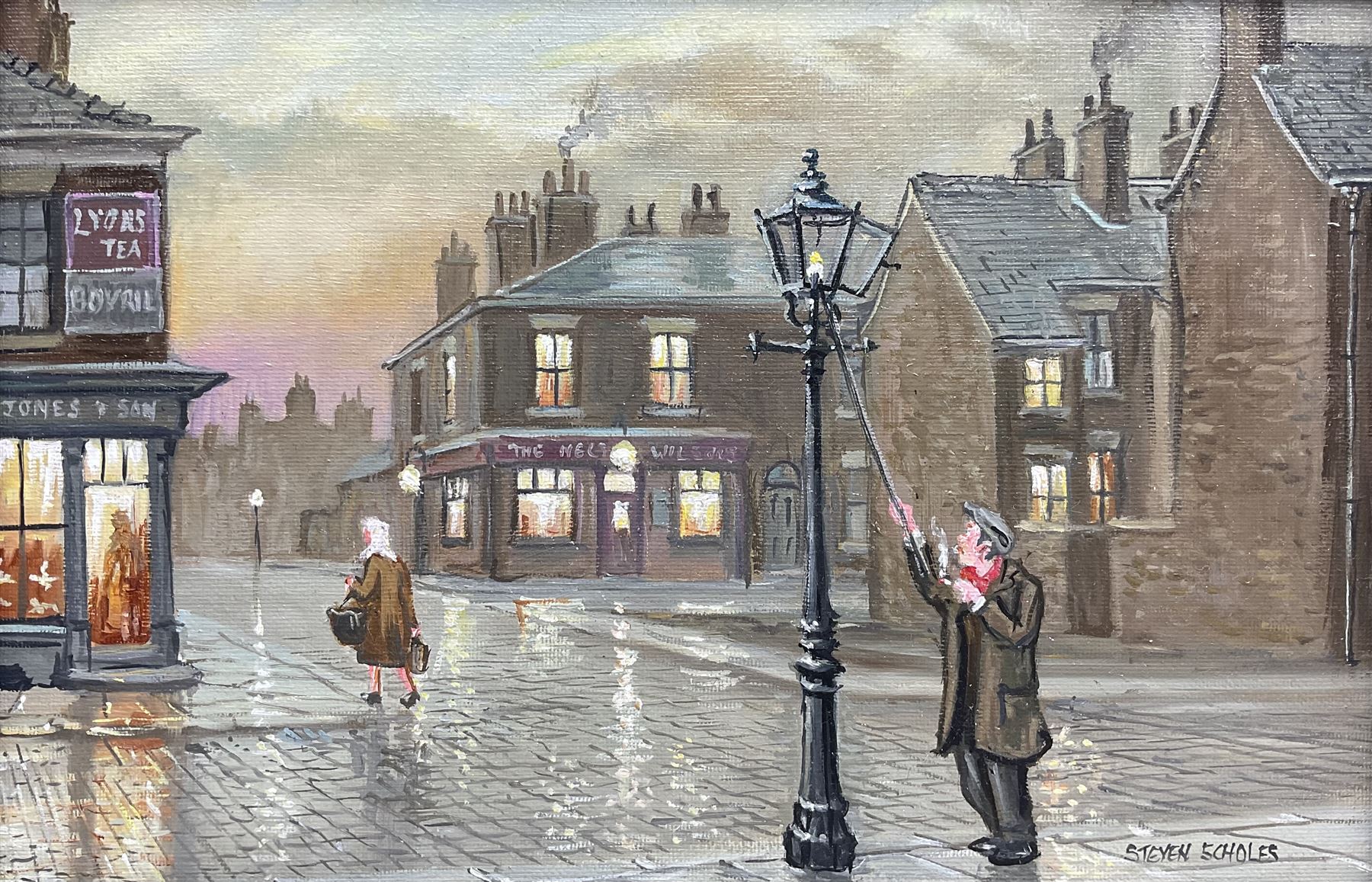 Steven Scholes (Northern British 1952-): 'Lamplighter at All Saint's -Manchester 1953', oil on canvas signed, titled verso 19cm x 29cm