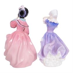 Five Royal Doulton figures, comprising Spring Morning HN1922, Betsy HN2111, Blithe Morning HN2065, Delight HN1772 and Daydreams HN1713