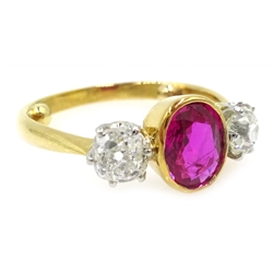 Burmese ruby and diamond three stone gold ring, ruby approx 1.1 carat  