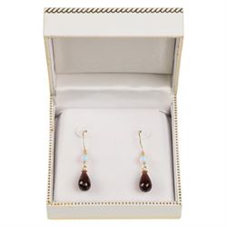Pair of 9ct gold opal and garnet pendant earrings, boxed