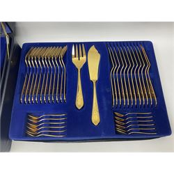 Bestecke Solingen canteen of gold plated cutlery for twelve place settings, including ladle, cake slice, fish servers, fish knives and forks, 108 pieces total, contained within a briefcase 