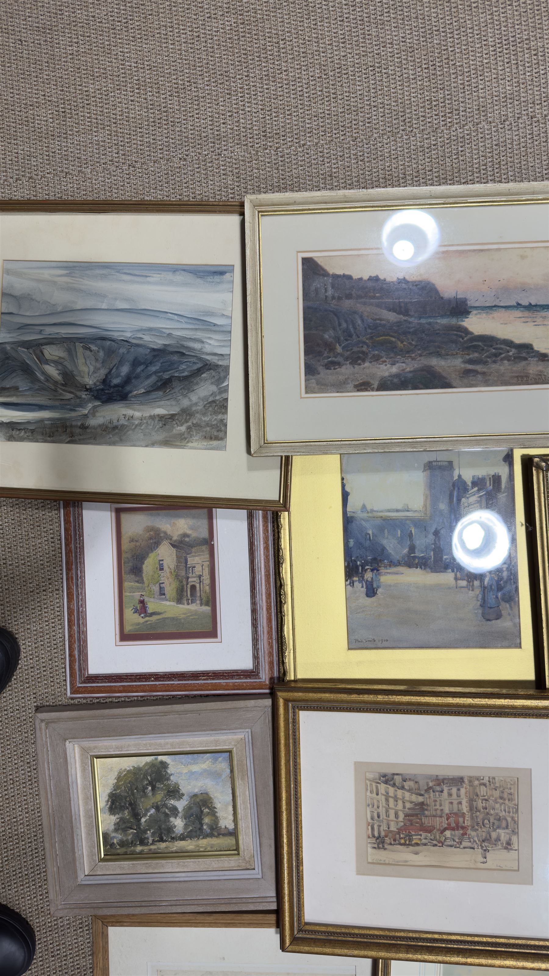 Collection of mostly watercolours, variously signed, artists to include Tom Anderton, Walter Henry Sweet, James Robertson Miller, Percy Hipkiss, J B Donaldson, Phil Smith and others indistinctly signed, contents in one box 