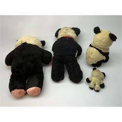 Seven English panda bears 1950s-60s including Farnell with fixed head and limbs, glass type eyes and vertically stitched nose and mouth H18