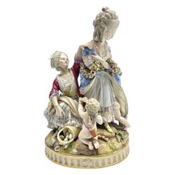 19th century Meissen figure group Broken Eggs, modelled as a pair of female figures, one with a garland of flowers and a putti beneath her skirts with a kneeling cherub before them offering a broken egg from an upturned basket, crossed swords mark beneath and impressed F65, H24cm