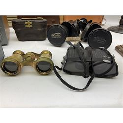 Pair of Rayswi of Harrogate carved oak candlesticks with brass mounts, in the form of an imp, together with a cased pair of Photopia binoculars, mother of pearl opera glasses, Bush radio, oak inkstand etc
