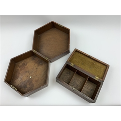 A Georgian mahogany tea caddy, the hinged cover with carry handle opening to reveal a compartmented interior, L26.5cm, together with a 19th century mahogany box of hexagonal form L32cm. (2). 