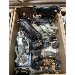 Quantity of metal and composite animal figures to include soapstone examples of horses and dogs etc in three boxes