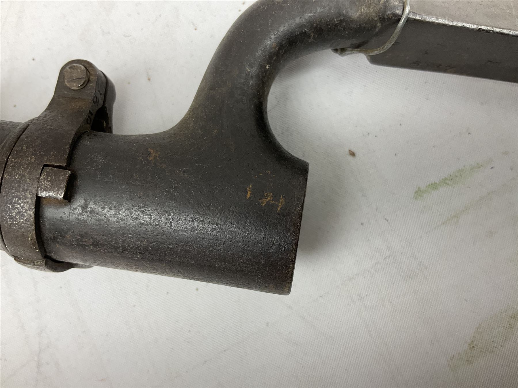 British Pattern 1876 socket bayonet with 43cm steel triangular blade L52cm overall; another socket bayonet with cruciform blade; No.4 Mk.II spike bayonet in metal scabbard with webbing frog; and 1955 Army jack knife by J.H. Thompson Sheffield (4)