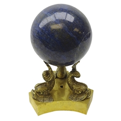  Polished Lapiz Lazuli sphere approx 9cm on gilt bronze openwork support in the form of three mythical sea beasts, trefoil base, H17cm    