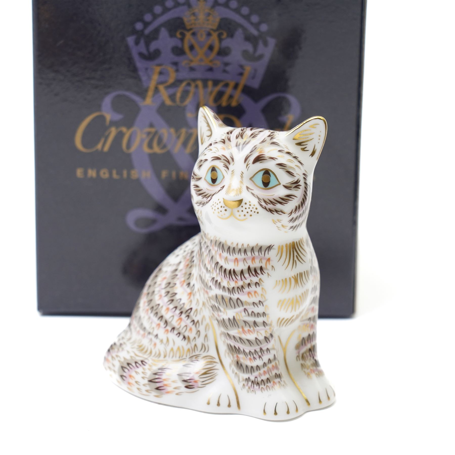 Six Royal Crown Derby paperweights, comprising 'Misty' collectors cat with gold stopper, Sleeping Cat with silver stopper, Fireside Kitten with gold stopper, Thomas Silver Tabby Kitten with gold stopper, Tabitha Silver Tabby Kitten with gold stopper, Cottage Cat with gold stopper, four with boxes (6)