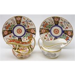  Pair early 19th century Spode shallow circular dishes, fluted form & decorated with Japanese style floral sprays and pallet, and two similar age Spode oblong jugs, one bat fired, decorated with a rural landscape c1810 & another decorated in the Imari style (4)   