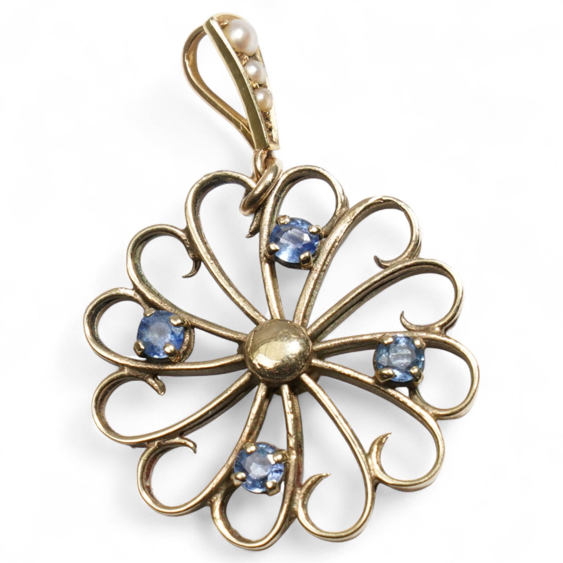 9ct gold sapphire pendant, with 15ct gold pearl pendant bail and a 9ct gold 'W' brooch 