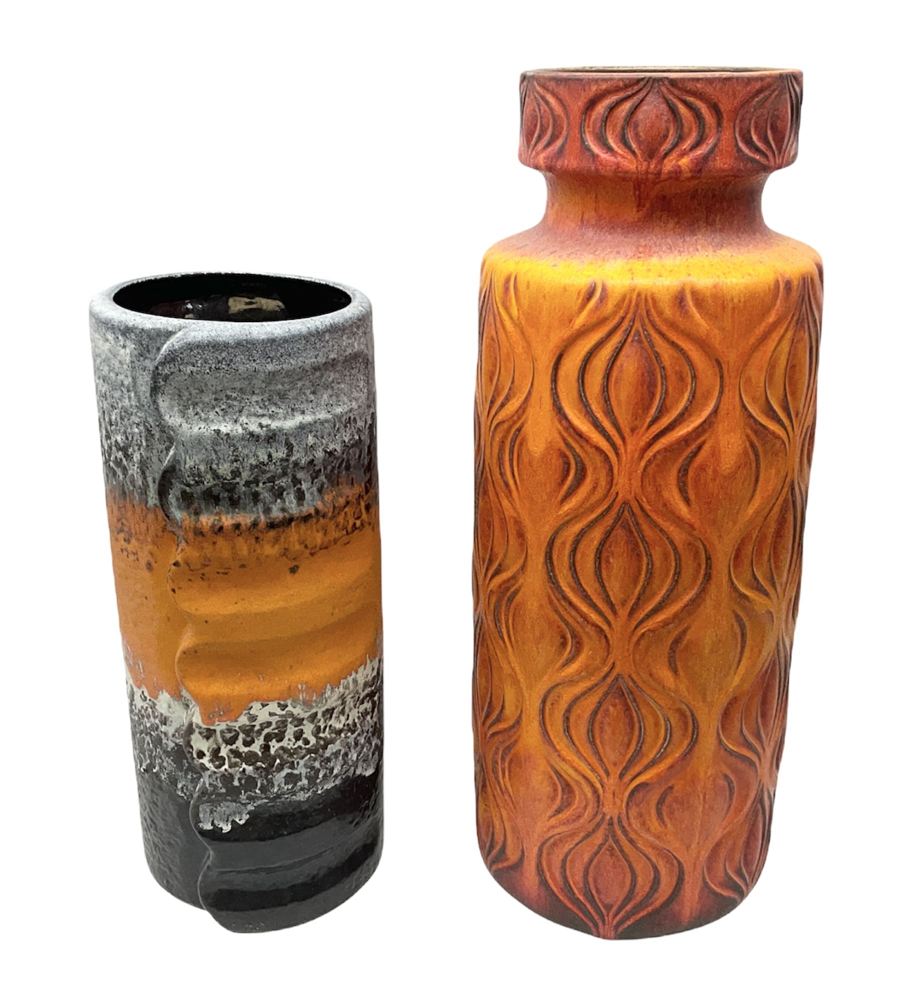 Two large West Germany pottery vases of cylindrical form with black and orange moulded decoration, with impressed marks beneath, largest H