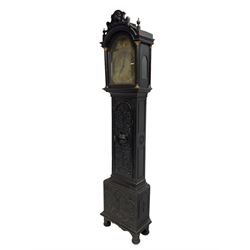 Victorian Jacobean revival oak cased 30 hour longcase clock - with a carved pediment and break arch door beneath, door with attached pilasters and gesso capitals, break arch trunk door with a carved grotesque, conforming carved plinth raised on ball feet, brass dial with spandrels, matted centre and chapter ring, dial pinned to a chain driven countwheel movement, striking the hours on a bell.
With weight and pendulum.