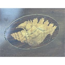 George III mahogany bureau, the conch inlaid fall front enclosing pigeon holes, shelves and central cupboard with inlaid flower motif, four graduating cock-beaded drawers below each with brass handles, lower moulded edge over shaped bracket feet