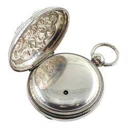 George III silver full hunter verge fusee calendar pocket watch by John Bittleston (London ca. 1781-94), No 1945, round pillars, balance cock pierced and engraved with Classical bust decoration and large diamond endstone, white enamel dial with centre seconds hand, subsidiary dials for age of the moon, day, date and time, in later George IV silver full hunter repousse case with 'Libertas' coat of arms to the front case and foliate design to the back case makers mark H G, London 1823