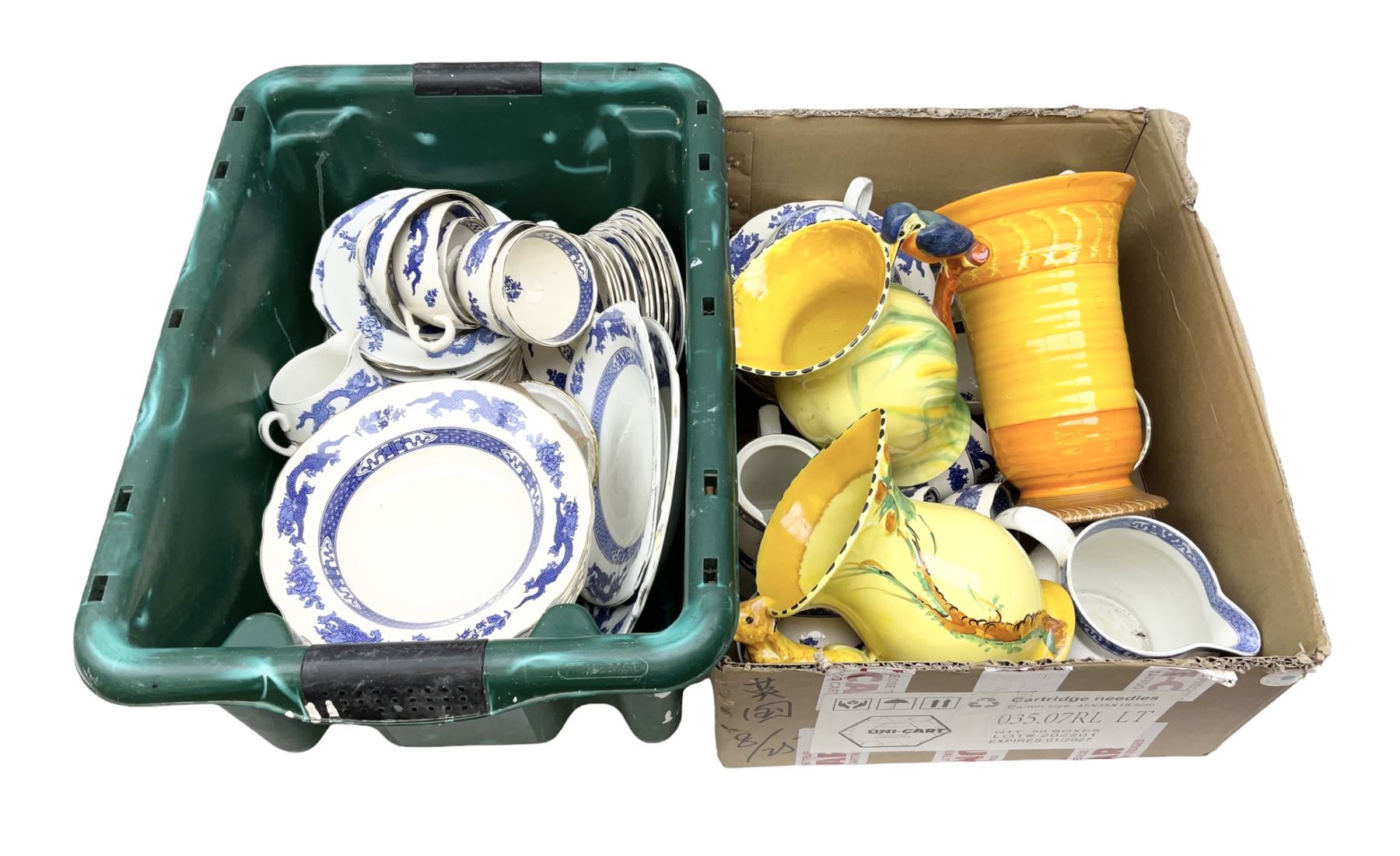  Burleigh ware jug with squirrel handle, together with similar falcon ware jug,  Shelley vase decorated in an orange colourway with fluted rim, and Royal Cauldon Dragon pattern tea and dinner wares, in two boxes