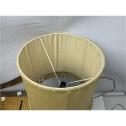 Coal bucket painted with flowers together with pair of bellows, boot scraper in the form of a beetle, wooden guillotine, composite table lamp with tassel lampshade and one other