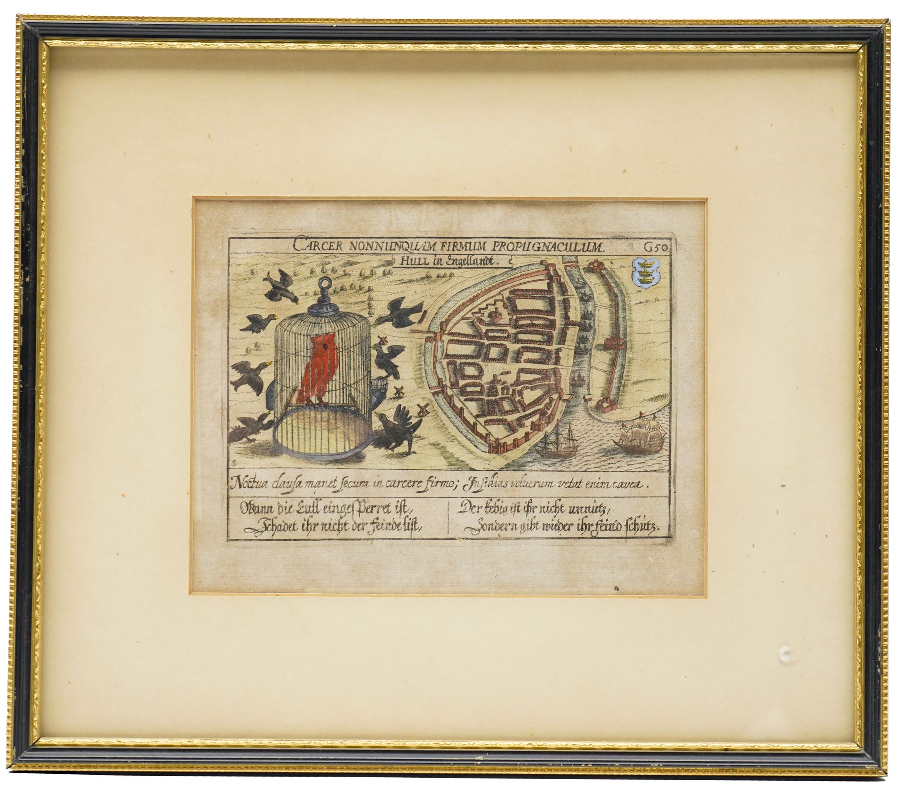 Daniel Meisner (German 1585-1625): 'Hull in Engellandt', 17th century engraved emblematic town plan or map with hand-colouring, featuring a birdcage allegory and Latin and German motto text, from Sciographia Cosmica, pub. Frankfurt c.1623, 13cm x 17cm