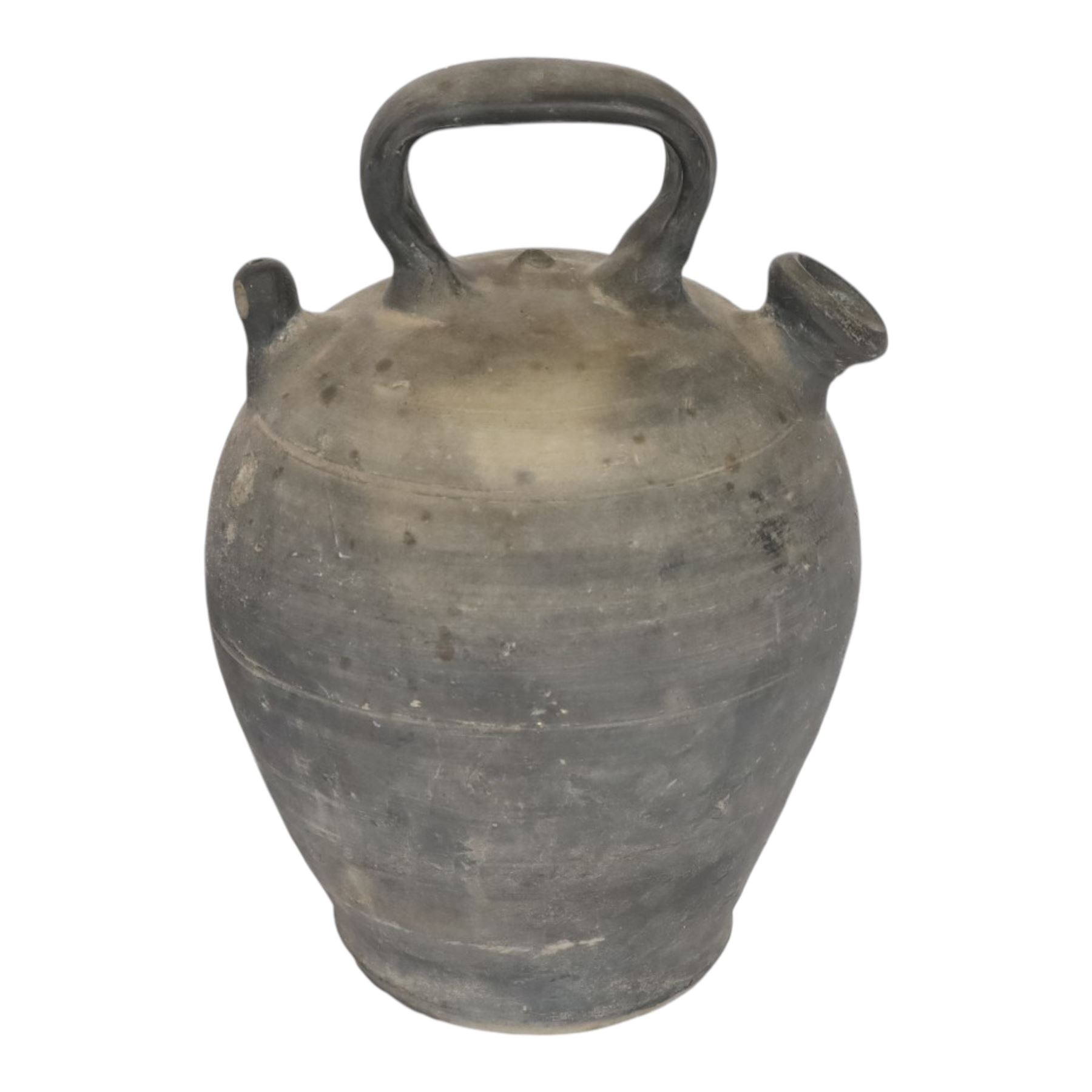 Four 20th century Spanish blackened earthenware botijo or cruche vessels, each of typical baluster form with central loop handle and opposing spout, impressed marks to handles, tallest example H31cm