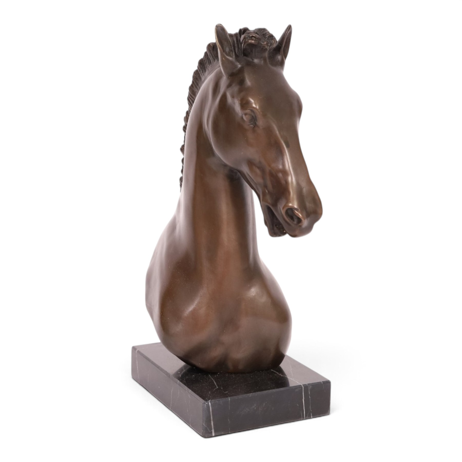  Bronze bust of a horse, upon a rectangular marble base, H33cm